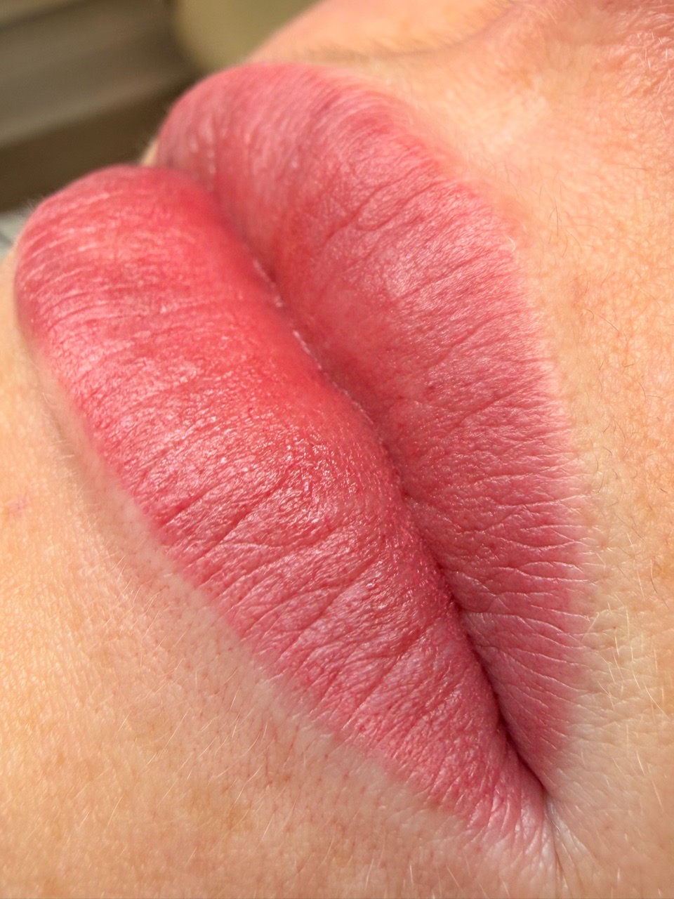 Healed lip blush result — close-up