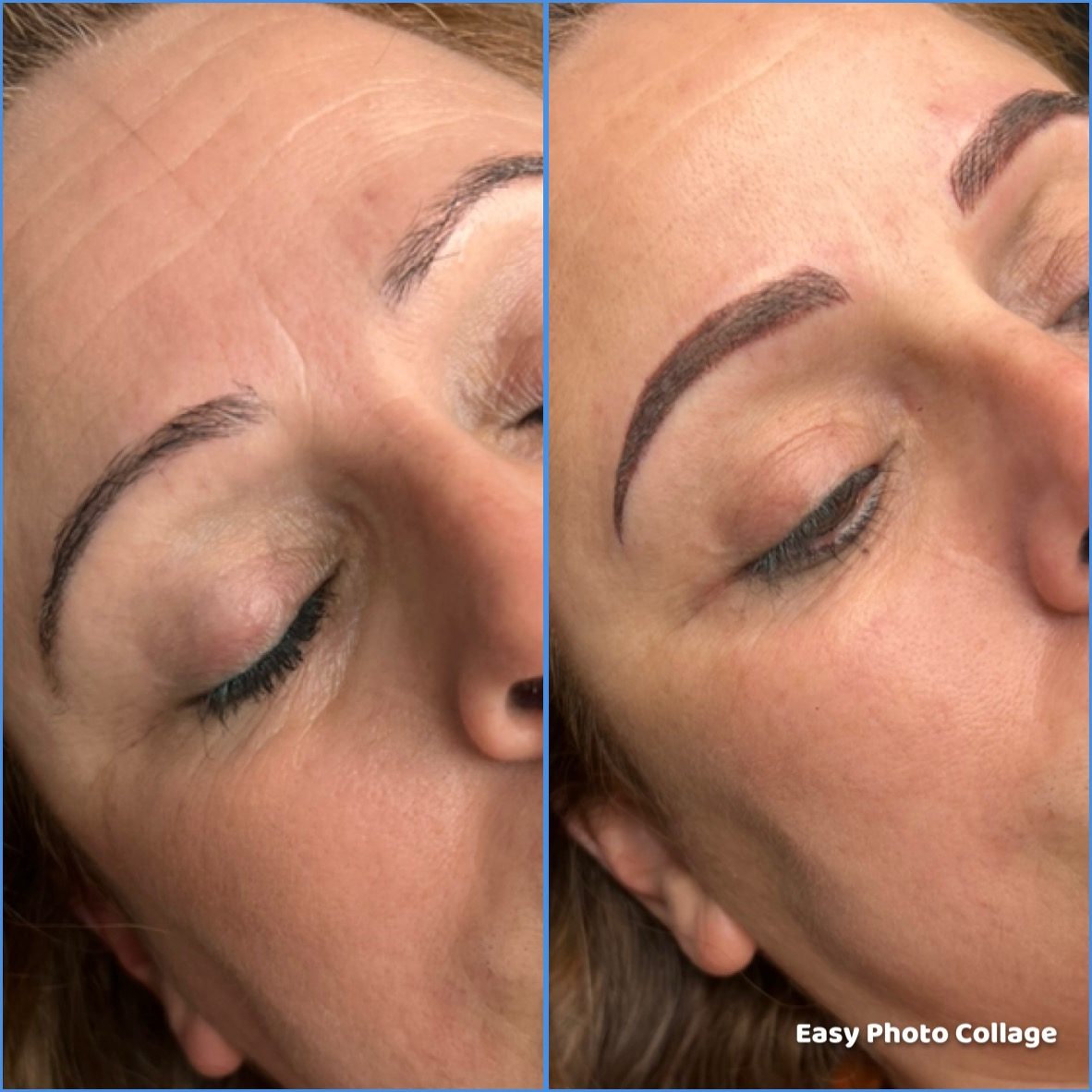 Powder brows — before and after, with client portrait